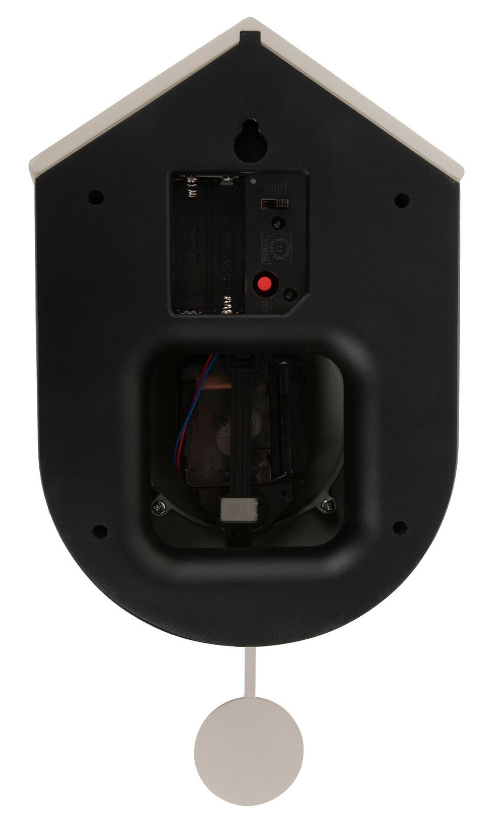 Rückansicht der Wanduhr Grato mit sichtbarem Batteriefach und Pendel.