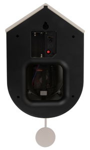 Rückansicht der Wanduhr Grato mit sichtbarem Batteriefach und Pendel.