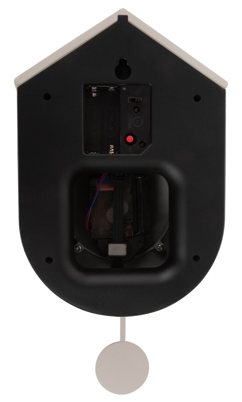 Rückansicht der Wanduhr Grato mit sichtbarem Batteriefach und Pendel.
