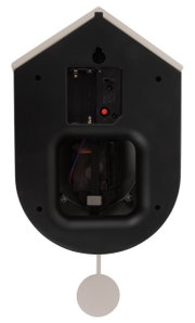 Rückansicht der Wanduhr Grato mit sichtbarem Batteriefach und Pendel.