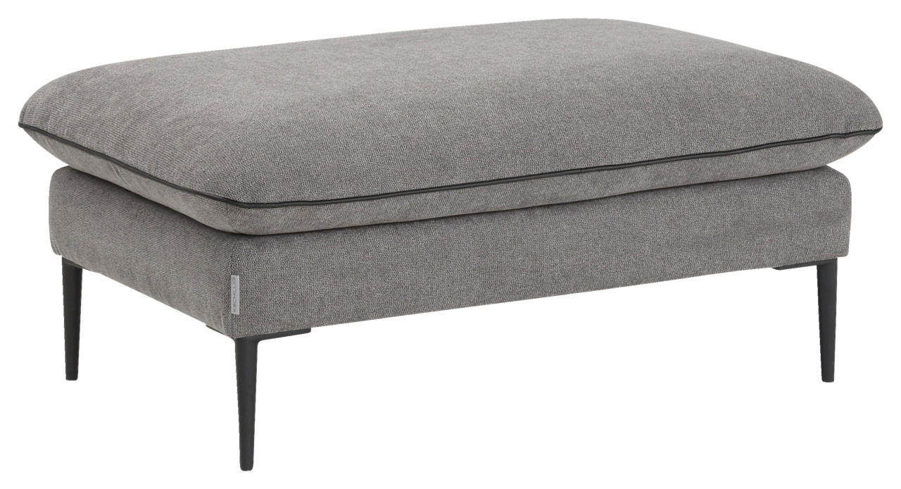 Großer grauer Hocker mit schwarzem Rand und schlanken Beinen, seitliche Perspektive