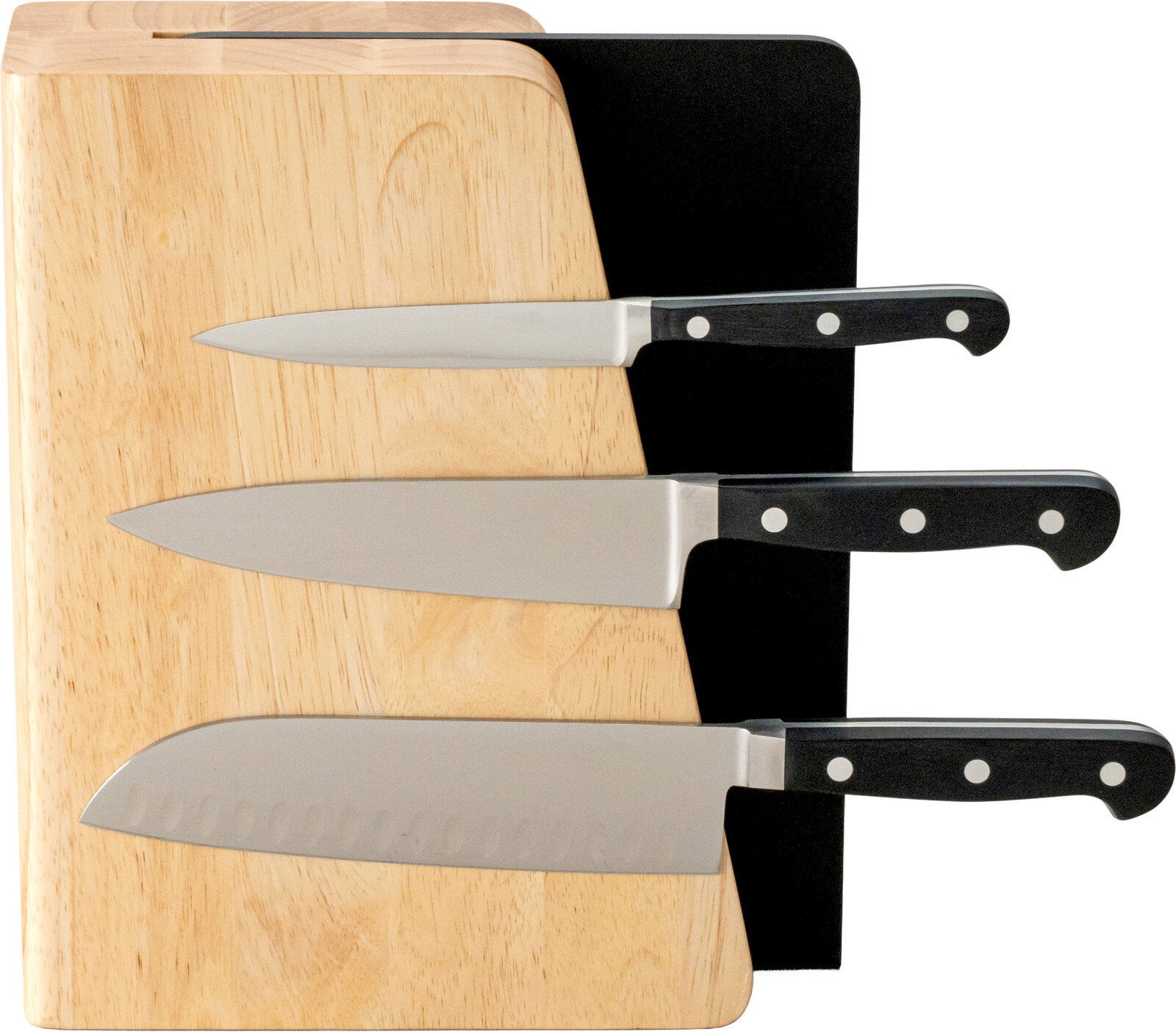 Messerblock aus hellem Holz mit schwarzer Rückseite und drei Küchenmessern mit schwarzen Griffen, frontale Ansicht