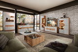 Moderner Wohnraum mit eleganter Möbelkombination, bestehend aus Sideboards, Vitrinen und einem Couchtisch in Holz- und Weißtönen. Perspektive von der Sofaecke aus.