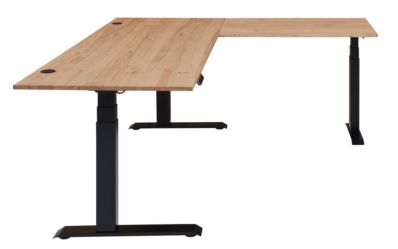 Modern elektrisch verstelbaar hoekbureau van melamine met houtlook, in hoogte verstelbaar, zijaanzicht
