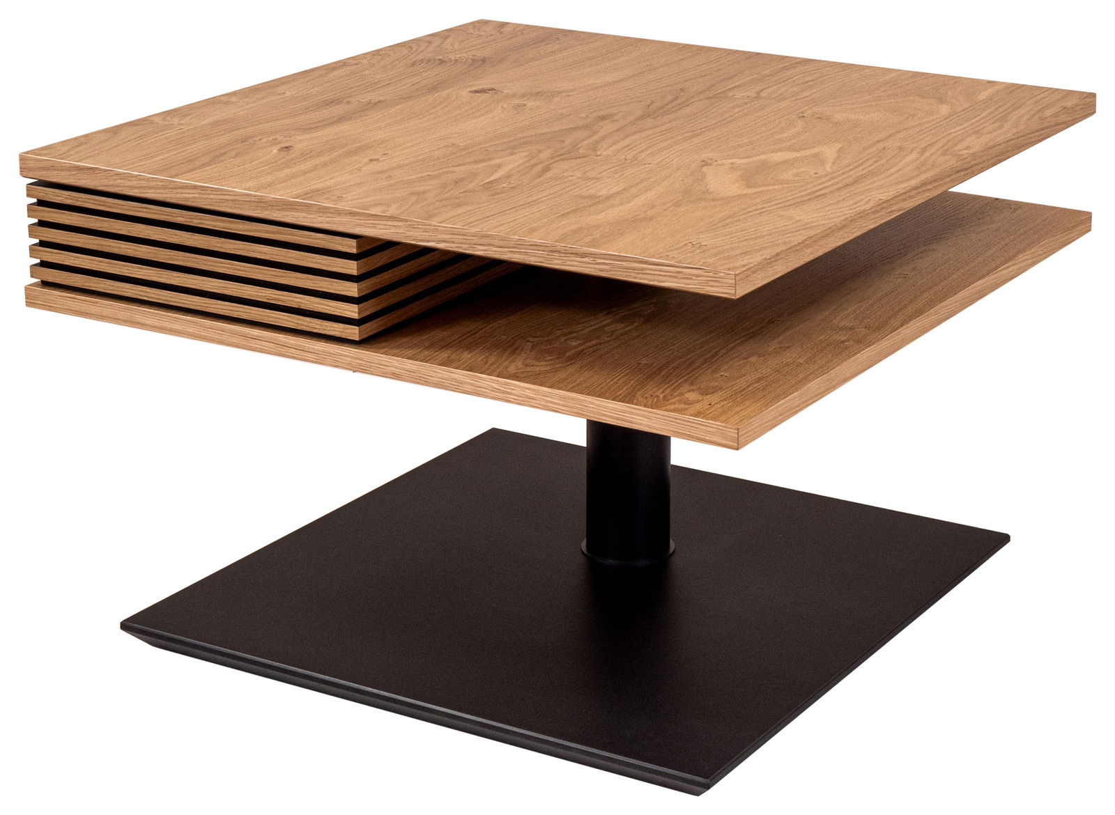 Moderner Couchtisch mit zwei übereinanderliegenden Holzplatten und schwarzem Metallfuß, seitliche Perspektive.