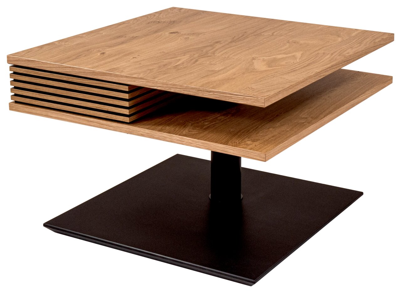 Zurbrüggen Couchtisch 5601 Moderner Couchtisch mit zwei übereinanderliegenden Holzplatten und schwarzem Metallfuß, seitliche Perspektive.