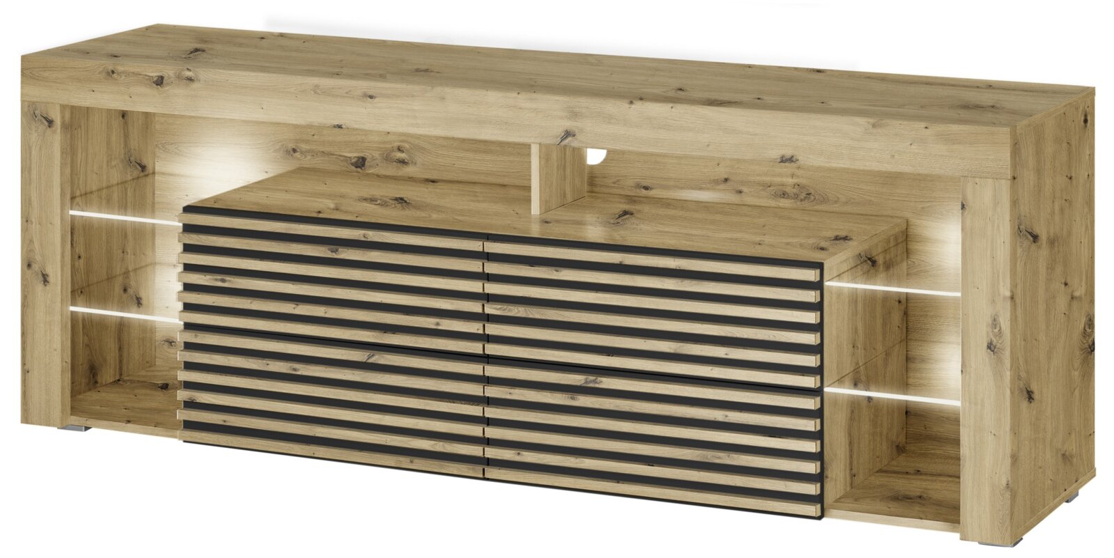 Z2 TV-Lowboard GOAL Modernes Sideboard aus Eichenholzoptik mit zwei offenen Seitenfächern und LED-Beleuchtung sowie geriffelter Front mit schwarzen Akzenten, dargestellt in schräger Vorderansicht