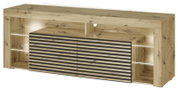Modernes Sideboard aus Eichenholzoptik mit zwei offenen Seitenfächern und LED-Beleuchtung sowie geriffelter Front mit schwarzen Akzenten, dargestellt in schräger Vorderansicht