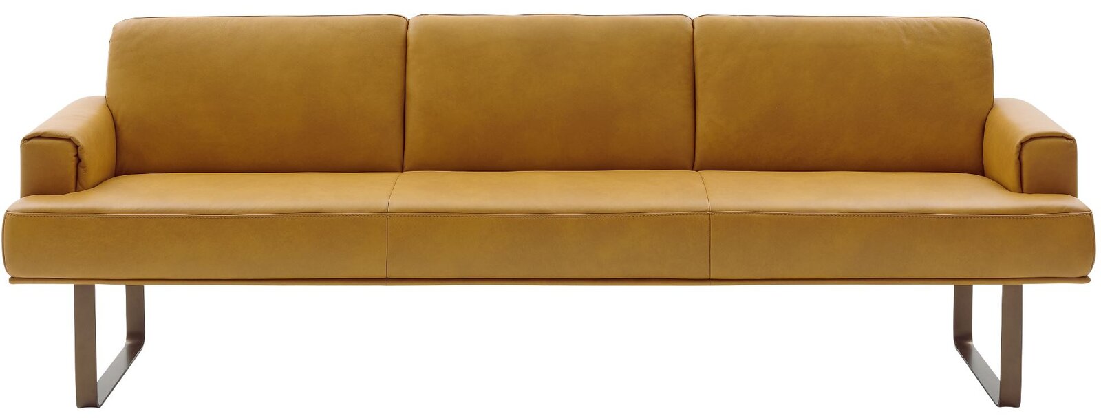Gelbes Ledersofa mit Metallbeinen, Frontalansicht