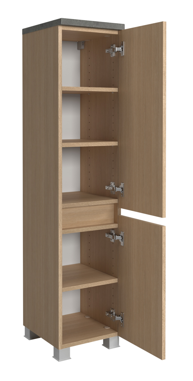 Offener Midischrank aus Holz mit mehreren Regalböden, Ansicht von vorne.