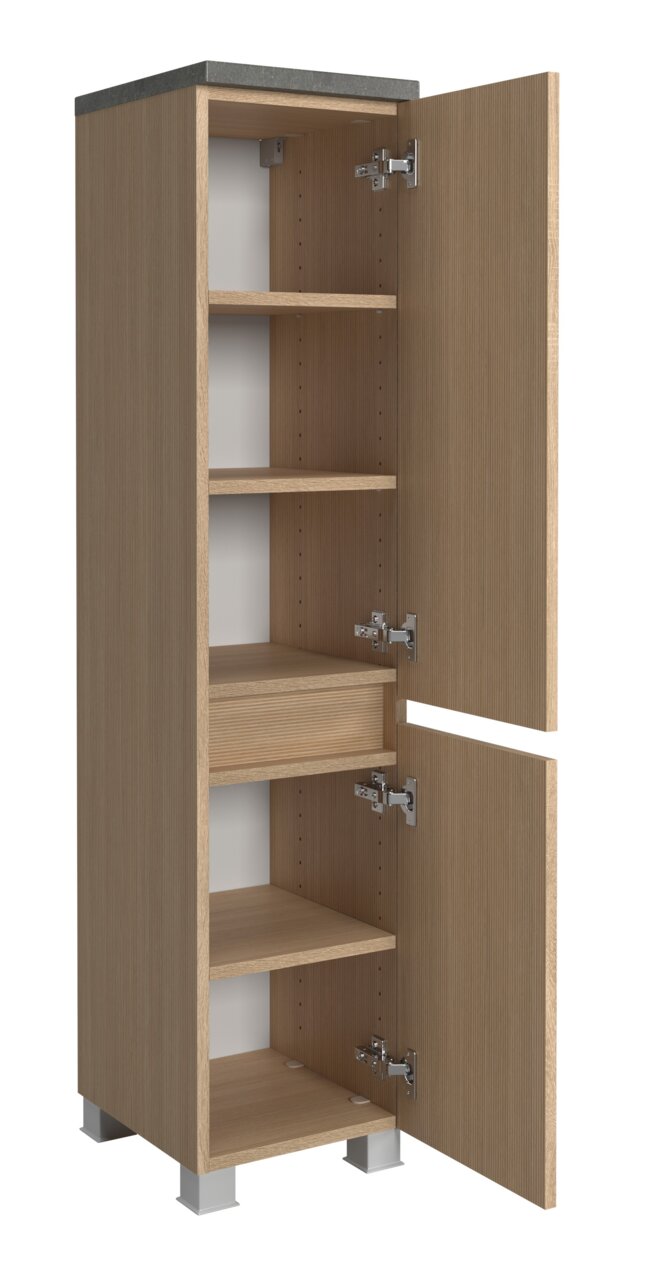 Offener Midischrank aus Holz mit mehreren Regalböden, Ansicht von vorne.
