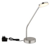LED-Tischleuchte aus Metall in seitlicher Perspektive mit flexiblem Arm und rundem Sockel, inklusive Netzteil.