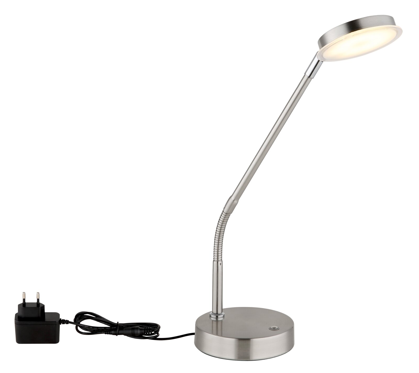 Globo Lighting LED-Tischleuchte SILVIO LED-Tischleuchte aus Metall in seitlicher Perspektive mit flexiblem Arm und rundem Sockel, inklusive Netzteil.