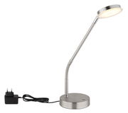 LED-Tischleuchte aus Metall in seitlicher Perspektive mit flexiblem Arm und rundem Sockel, inklusive Netzteil.