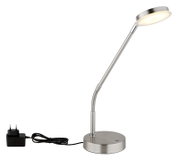 LED-tafellamp van metaal, gezien vanaf de zijkant, met een flexibele arm en een ronde voet, inclusief voedingsadapter.