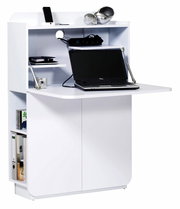 Weißer Sekretär mit ausklappbarer Arbeitsfläche, Laptop und Regalfächern, seitliche Perspektive