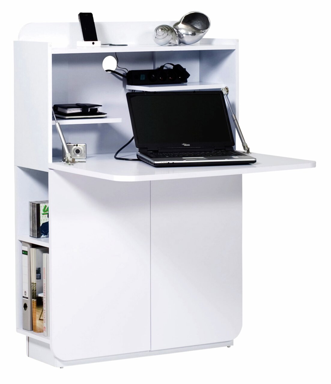 Weißer Sekretär mit ausklappbarer Arbeitsfläche, Laptop und Regalfächern, seitliche Perspektive