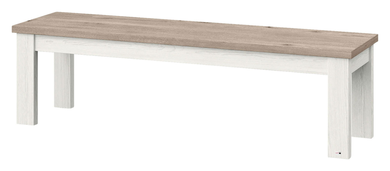 Holzbank mit heller Sitzfläche und weißen Beinen, seitliche Perspektive