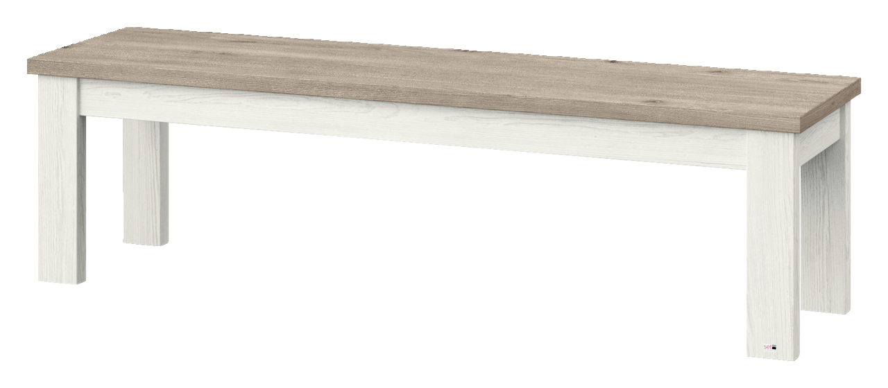 Holzbank mit heller Sitzfläche und weißen Beinen, seitliche Perspektive