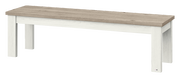 Holzbank mit heller Sitzfläche und weißen Beinen, seitliche Perspektive