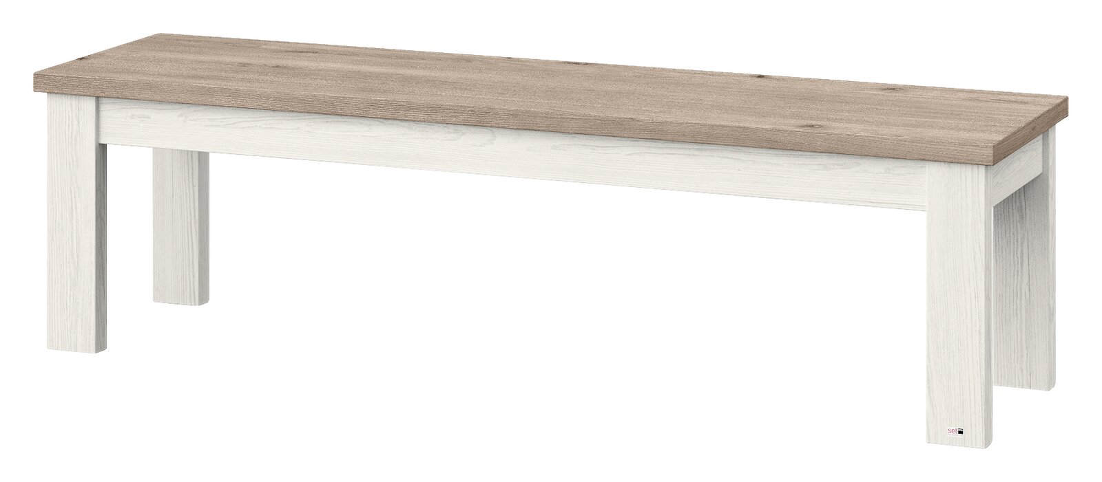 Holzbank mit heller Sitzfläche und weißen Beinen, seitliche Perspektive