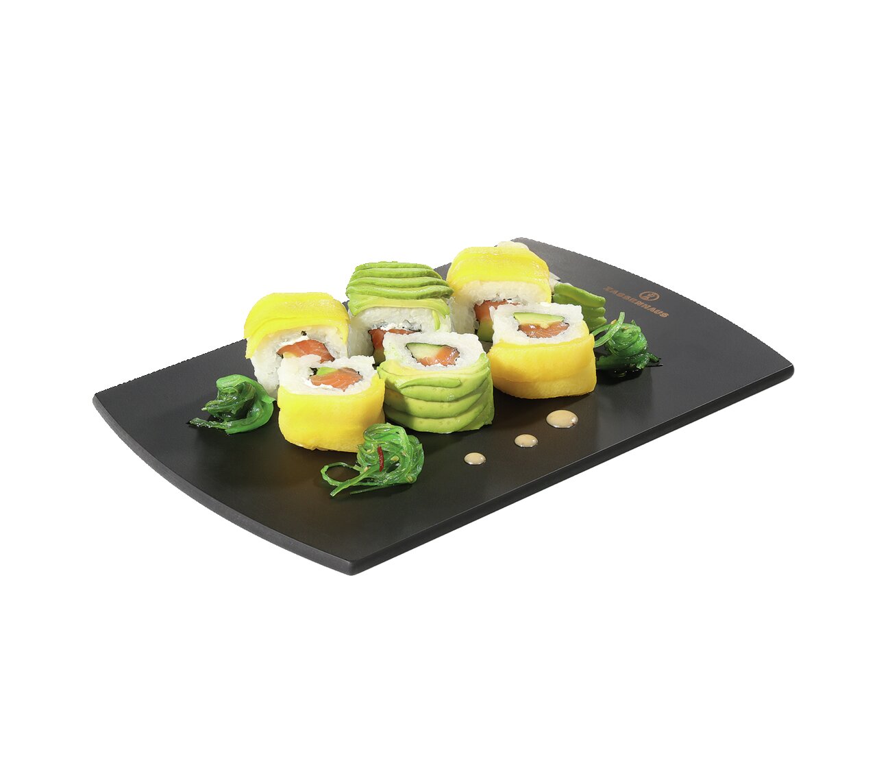 Schwarzes Frühstücksbrett 26x17cm mit Sushi und grüner Dekoration, seitliche Perspektive