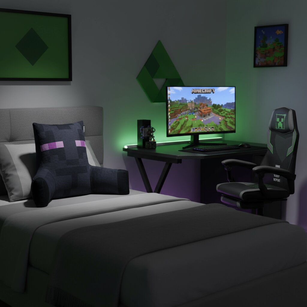 Zurbrüggen Lese-/Relaxkissen MINECRAFT Modernes Gaming-Schlafzimmer mit Bett und Minecraft-Kissen im Vordergrund, Schreibtisch mit Monitor und RGB-Beleuchtung sowie Gaming-Stuhl rechts; Perspektive: leicht schräg von vorne aus dem Raum.