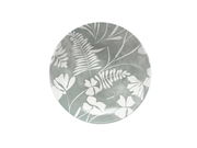 Teller mit floralem Muster in Grau und Weiß, von oben betrachtet.