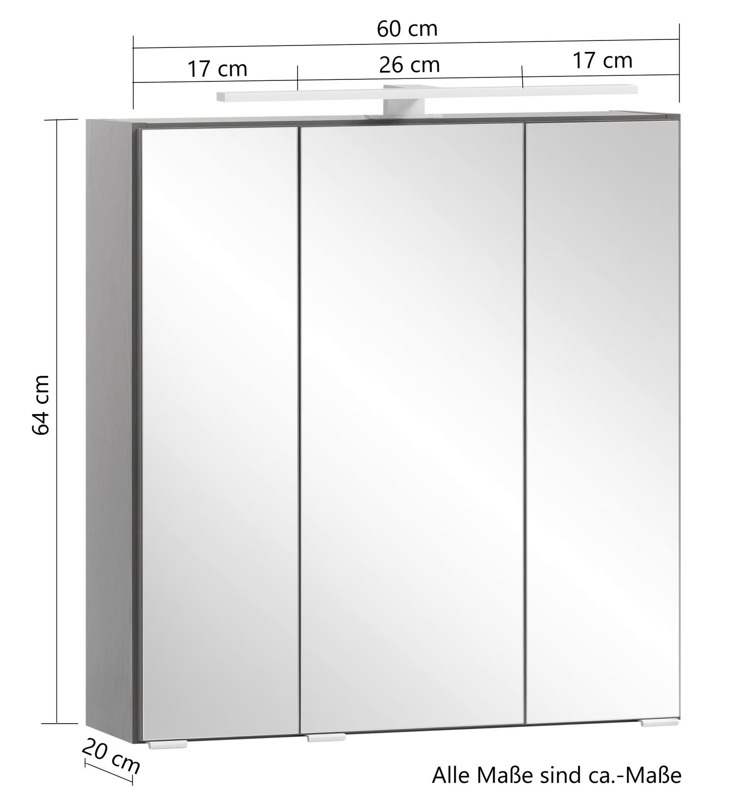 Spiegelschrank mit drei Türen, Frontansicht, Maße: 60 cm Breite, 64 cm Höhe, 20 cm Tiefe