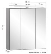 Spiegelschrank mit drei Türen, Frontansicht, Maße: 60 cm Breite, 64 cm Höhe, 20 cm Tiefe