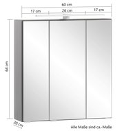 Spiegelschrank mit drei Türen, Frontansicht, Maße: 60 cm Breite, 64 cm Höhe, 20 cm Tiefe
