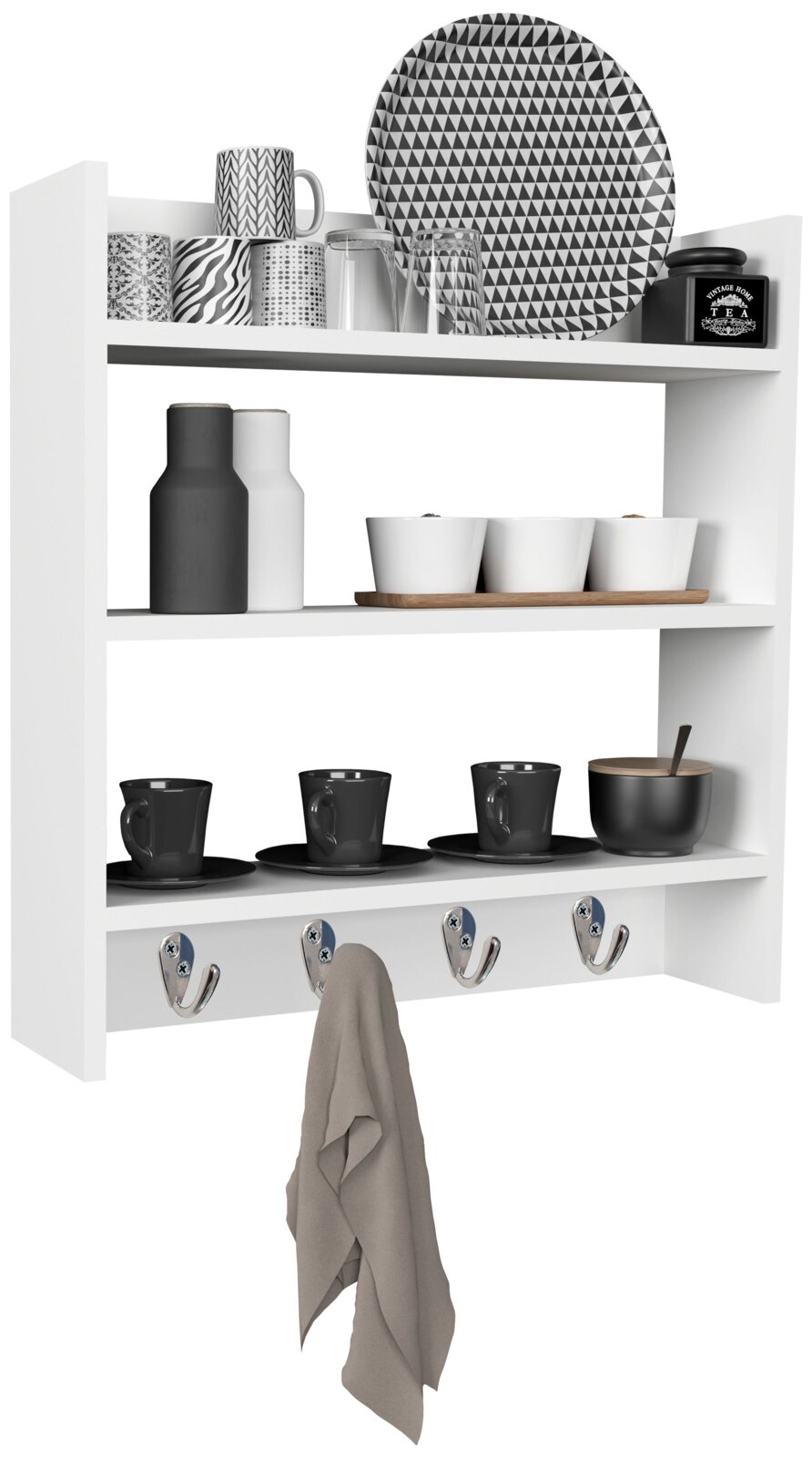 Weißes Wandregal mit drei Ablagen und vier Metallhaken, bestückt mit Tassen, Gläsern, Schalen, Flaschen und Tablett in Schwarz-Weiß-Design Frontansicht in leichter Schrägperspektive.