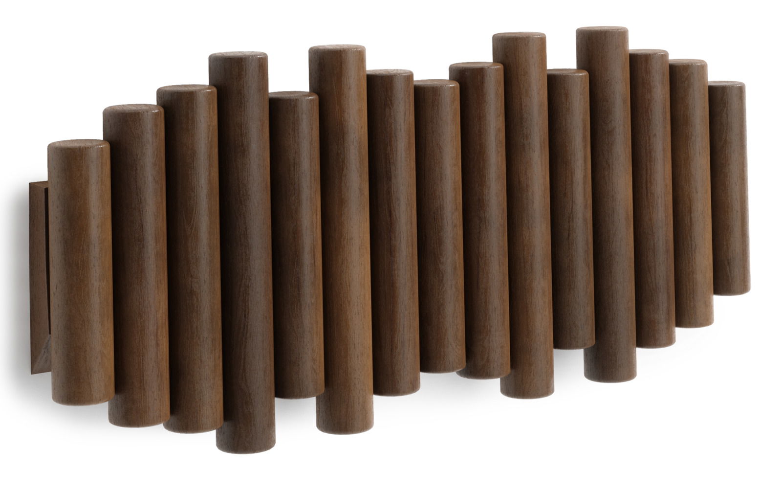 Wandgarderobe aus Holz mit zylindrischen Haken, seitliche Perspektive