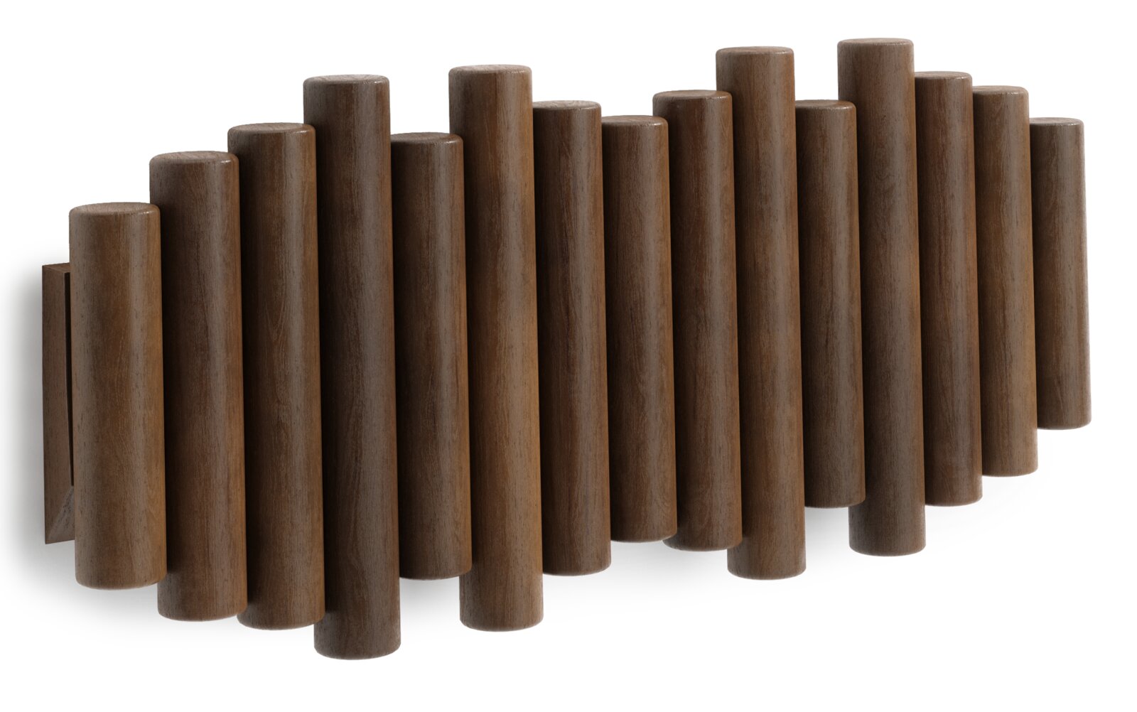 Wandgarderobe aus Holz mit zylindrischen Haken, seitliche Perspektive