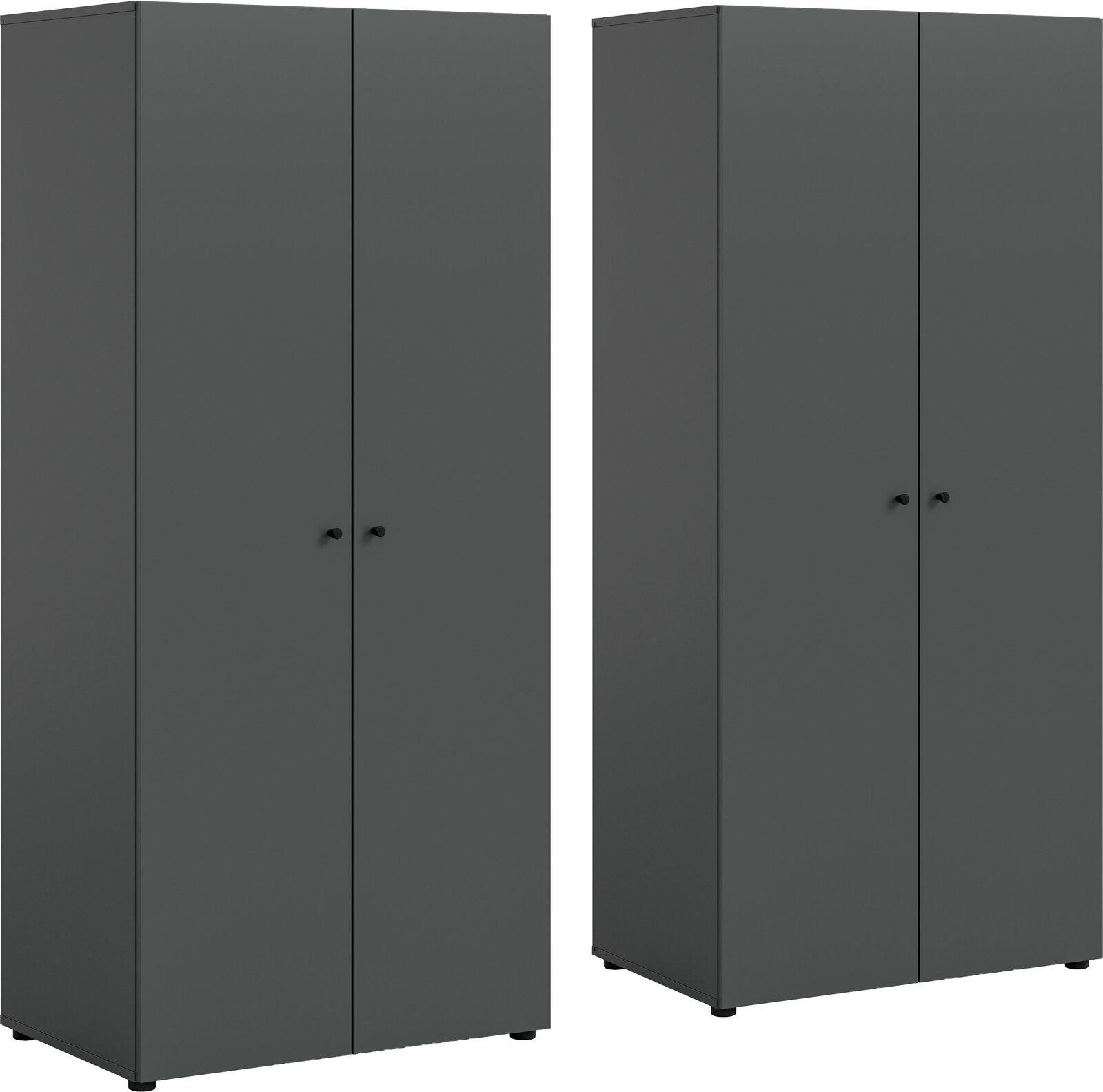 Dunkelgrauer, minimalistischer zweitüriger Kleiderschrank mit kleinen runden Griffen und kurzen Füßen, gezeigt in Frontansicht und in leicht schräger Perspektive (3/4-Ansicht) vor weißem Hintergrund
