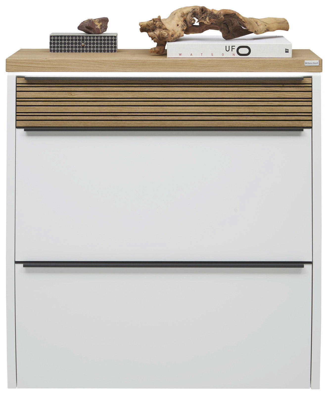 Hängeschuhschrank mit LED-Beleuchtung, weiße Front mit Holzdetails, aus der Frontalperspektive