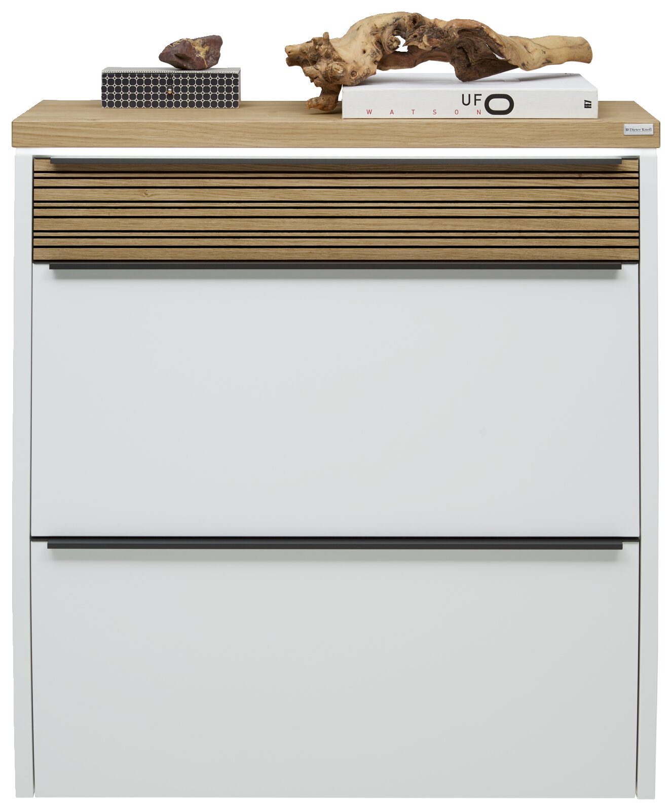 Hängeschuhschrank mit LED-Beleuchtung, weiße Front mit Holzdetails, aus der Frontalperspektive
