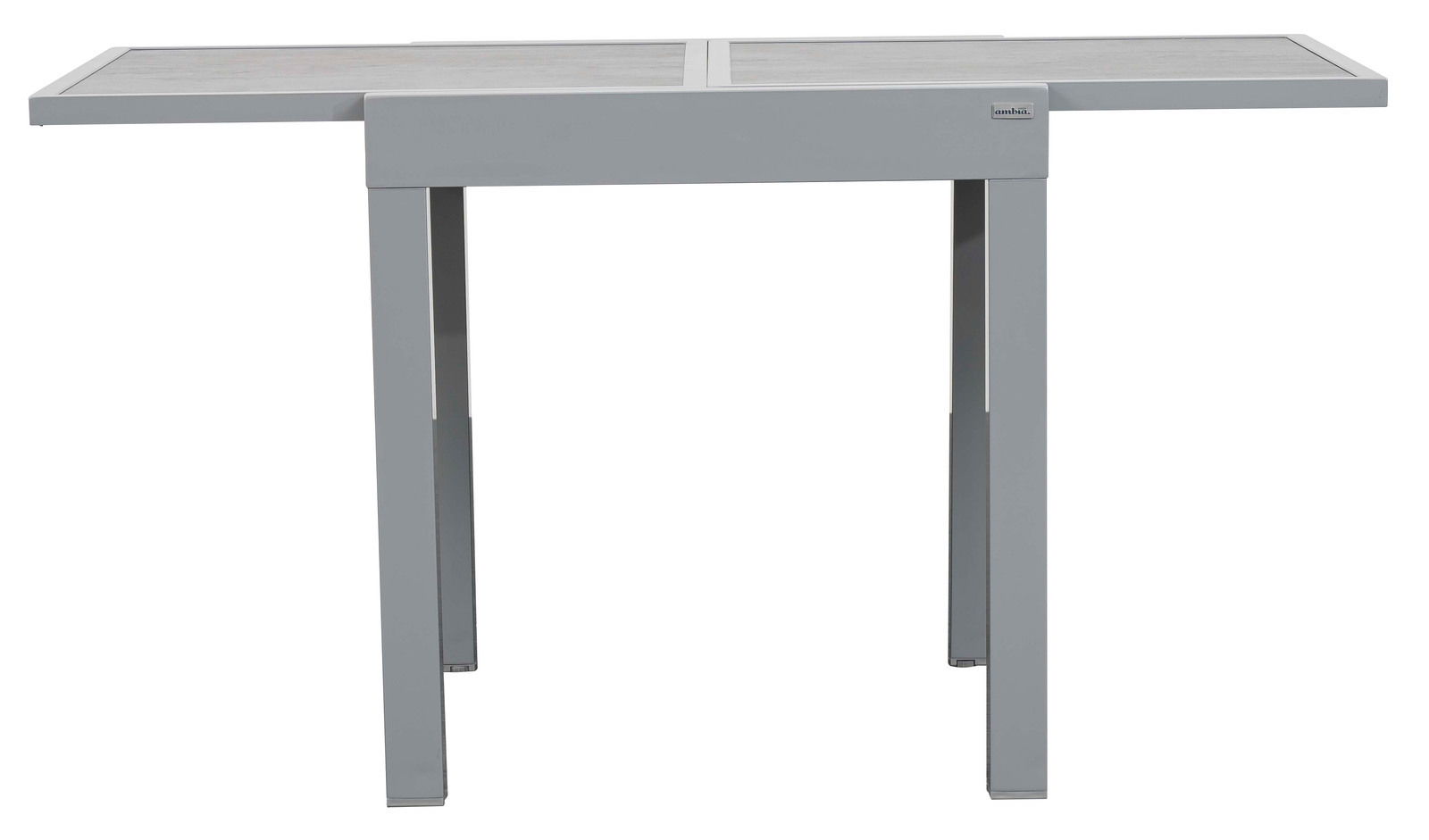 Moderner Gartentisch aus Metall in Grau, frontal fotografiert.