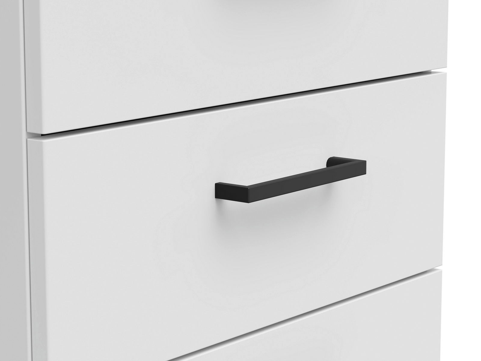 Carryhome Kommode MULTISTAURAUM Nahaufnahme einer weißen Kommode mit schwarzem Griff, seitliche Perspektive