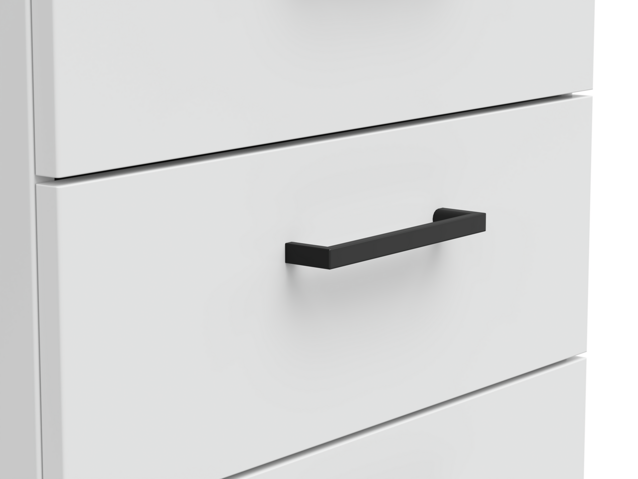 Carryhome Kommode MULTISTAURAUM Nahaufnahme einer weißen Kommode mit schwarzem Griff, seitliche Perspektive