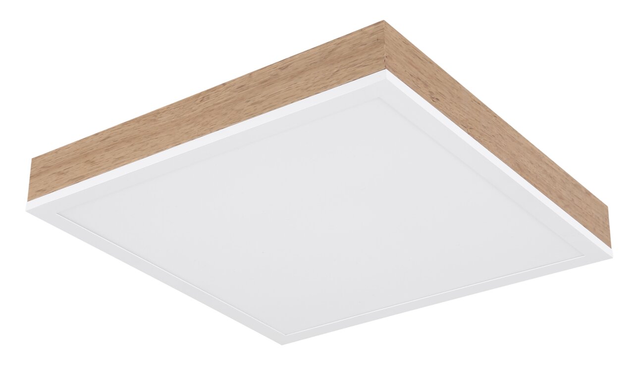 Moderne quadratische Deckenleuchte mit Holzrahmen, seitliche Perspektive