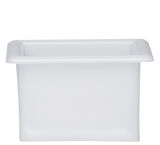 Weiße Kunststoffbox, frontal fotografiert