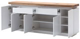 XXL-Sideboard in Weiß mit geöffneter Frontansicht, zeigt Schubladen und Schranktüren mit Holzplatte oben.
