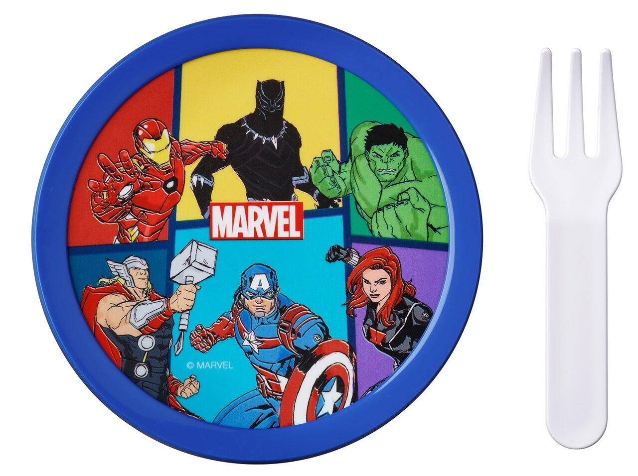 Bord met Avengers-motieven en vork, gefotografeerd van bovenaf