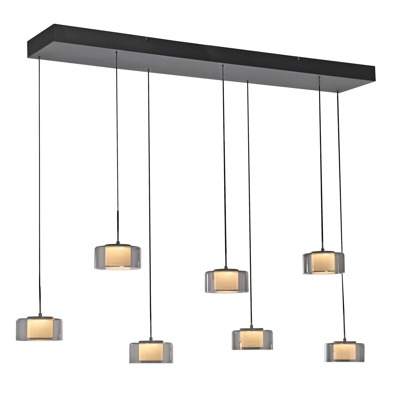 Moderne Pendelleuchte RIKA mit sechs hängenden Lampen, seitliche Perspektive