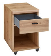 Rollcontainer aus Holz mit einer offenen Schublade, auf Rollen, Perspektive von vorne links
