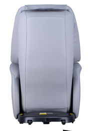 Rückansicht eines grauen Massagesessels mit glatter Oberfläche und stabiler Basis.