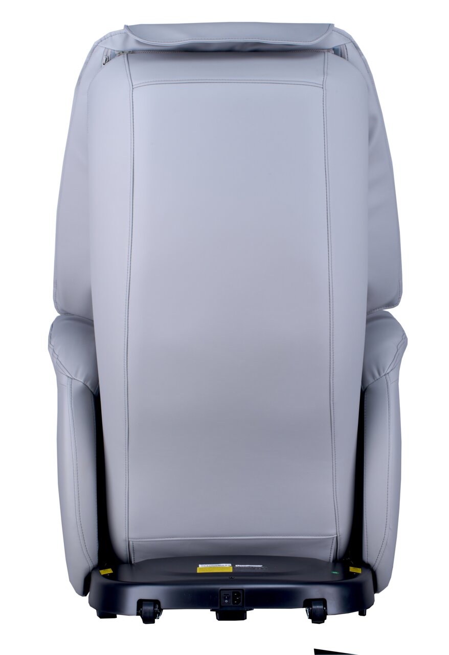 Rückansicht eines grauen Massagesessels mit glatter Oberfläche und stabiler Basis.