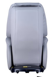 Rückansicht eines grauen Massagesessels mit glatter Oberfläche und stabiler Basis.