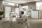 Moderne Büroumgebung mit Schreibtisch, Bürostuhl und mehreren Büroschränken aus weißem Holz, seitliche Perspektive